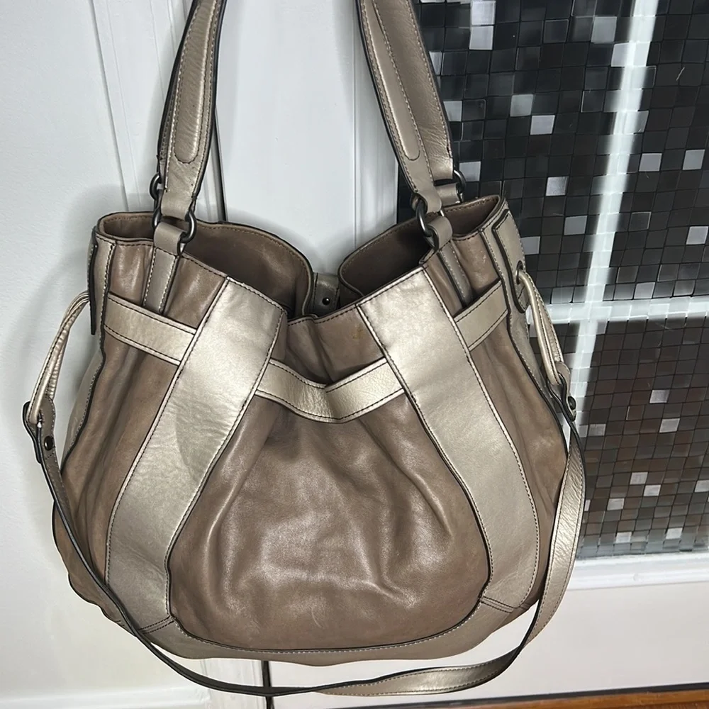 💕 Kooba taupe gray silver soft leather x large satchel shoulder bag